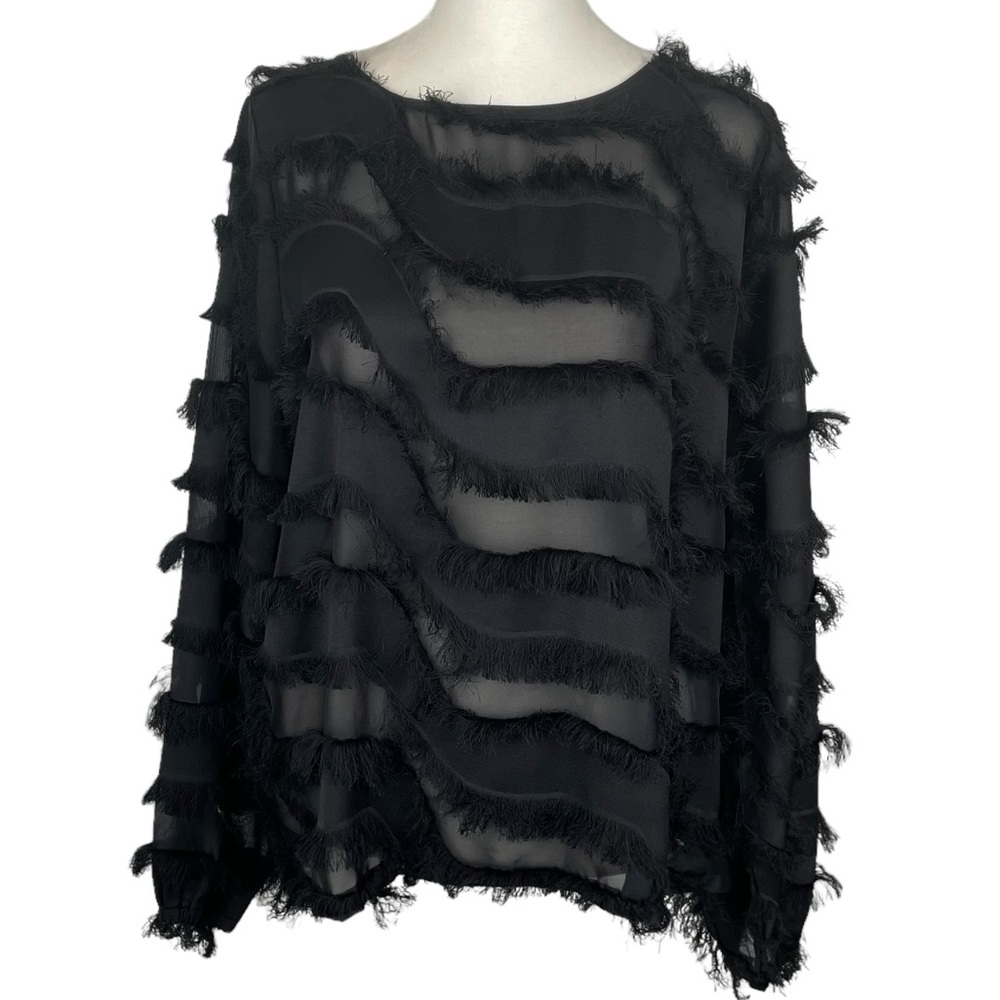 Athena Marie Whimsigoth Sheer Fringed Top Striped Black Size L/XL